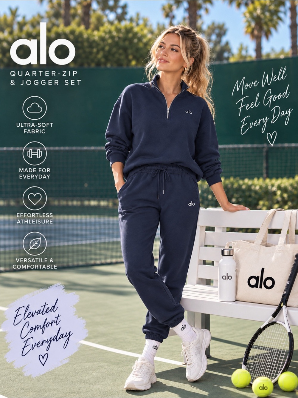 ALO Yoga Accolade 1/4 Zip Pullover & Sweatpants Set M Navy NEW